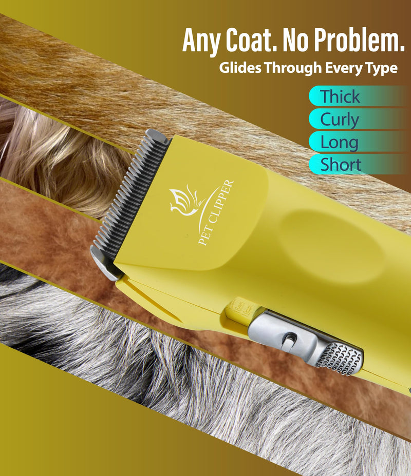 Professional Dog Grooming Clippers with 17H Runtime & Replaceable 440C Blade, 5-Speed Low Noise Electric Dog Shaver for Thick, Matted, Curly Hair, Cordless Clipper for Groomer & Home Use, Yellow Clipper+10FC Blade