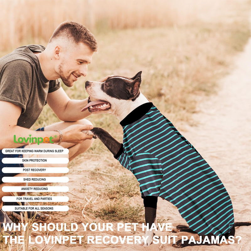 LovinPet Dog PJS Apparel for Large Dogs, Pure Cotton Cyan Blue Stripe Dog Shirt, 4-Legged Design, Full Body Coverage, Pajamas for Pitbulls, Onesies for Dogs, XL X-Large - PawsPlanet Australia