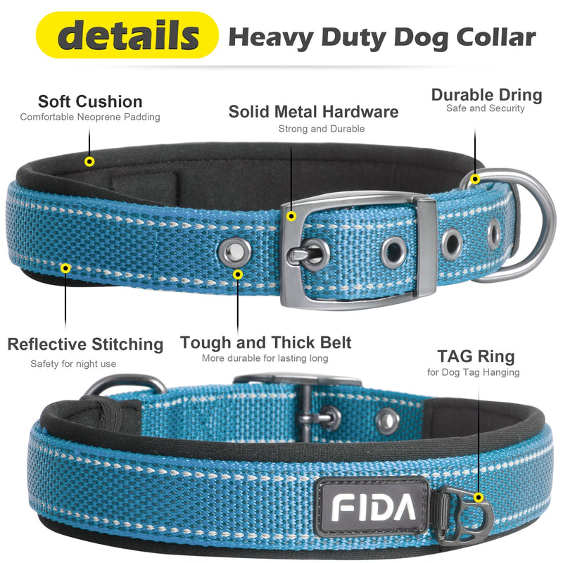 Fida Heavy Duty Dog Collar, Ultra Comfortable Soft Neoprene Padded, Adjustable Reflective Nylon Pet Collar with Durable Metal Belt Buckle for Small Breeds (S, Blue) Small(11”-14.5“) - PawsPlanet Australia