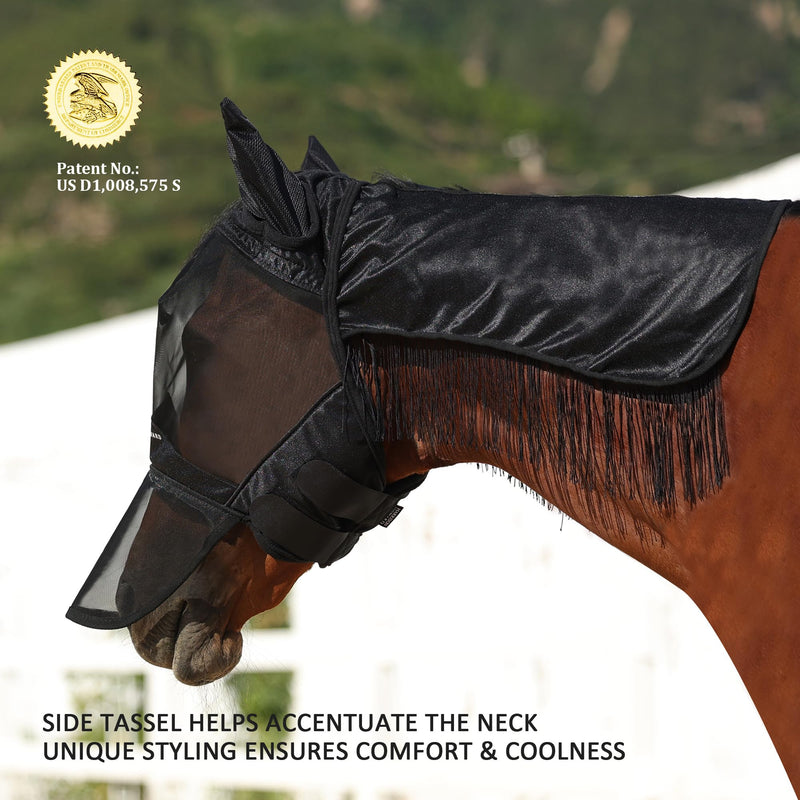 Harrison Howard Pro Fly Mask with Extended Neck Cover Large Eye Space Full Face UV-Proof Mane Styling for Horse Black L - PawsPlanet Australia