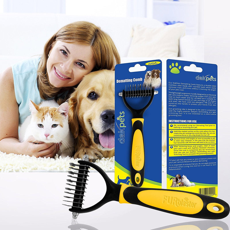 DakPets All-In-One Pet Grooming Tool | Metal Undercoat Rake, Dematting & Detangling Comb, Fur Shedding Blade, and Grooming Brush | For Medium to Long-Haired Pets Yellow