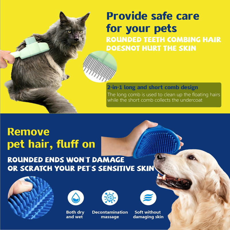 Electrostatic Pet Hair Removal Glove - Includes Self-Cleaning Deshedding Comb + Refillable Lint Roller + Soft Bath Brush, 4-in-1 Pet Grooming Kit for Cats/Dogs/Clothes/Couch/Car yello