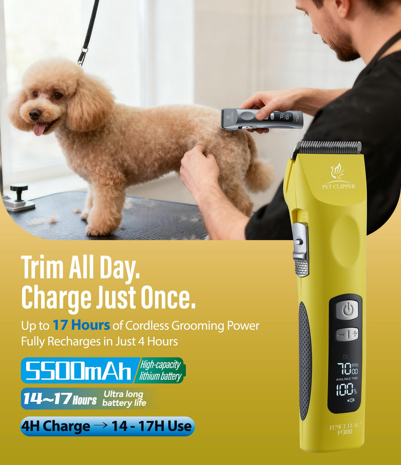Professional Dog Grooming Clippers with 17H Runtime & Replaceable 440C Blade, 5-Speed Low Noise Electric Dog Shaver for Thick, Matted, Curly Hair, Cordless Clipper for Groomer & Home Use, Yellow Clipper+10FC Blade