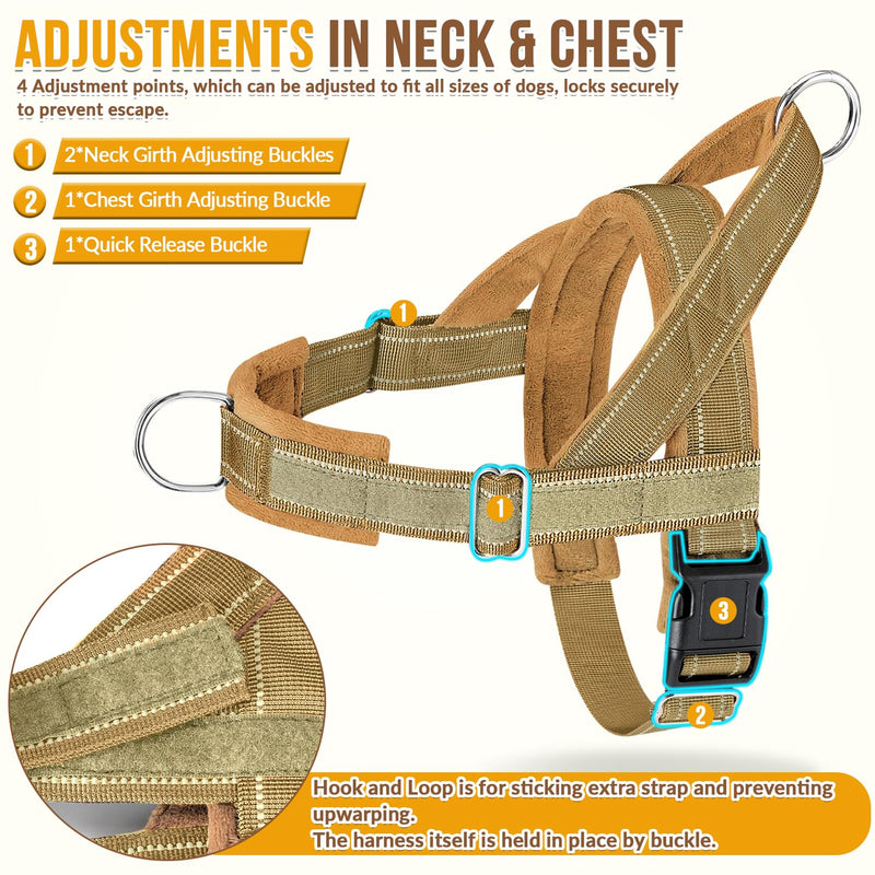 SlowTon No Pull Dog Harness - Heavy Duty Dog Harness and Leash Set for Medium Large Dogs, Reflective Tactical Harness with Soft Padded and Front Clip for Easy Walk and Training (Tan L) Tan - PawsPlanet Australia