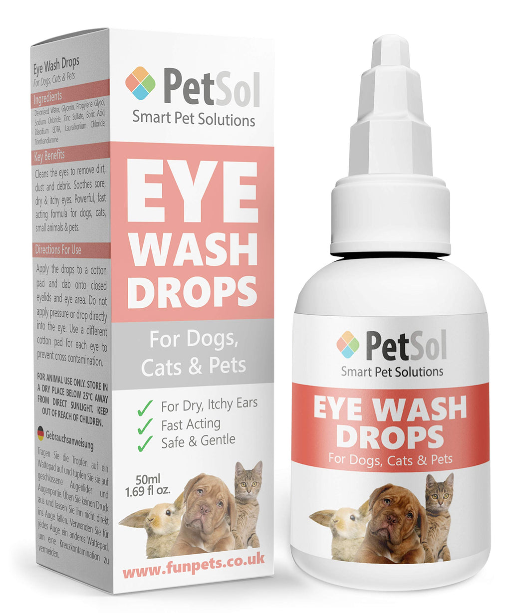 PetSol Eye Wash Drops for Dogs, Cats & Pets (50ml ) for Itchy, Watery, Gunky Eyes. Gentle Lubricating Drops Clean and Protect Dry Eyes – Mild Eye Cleaner Removes Dirt, Dust and Residue