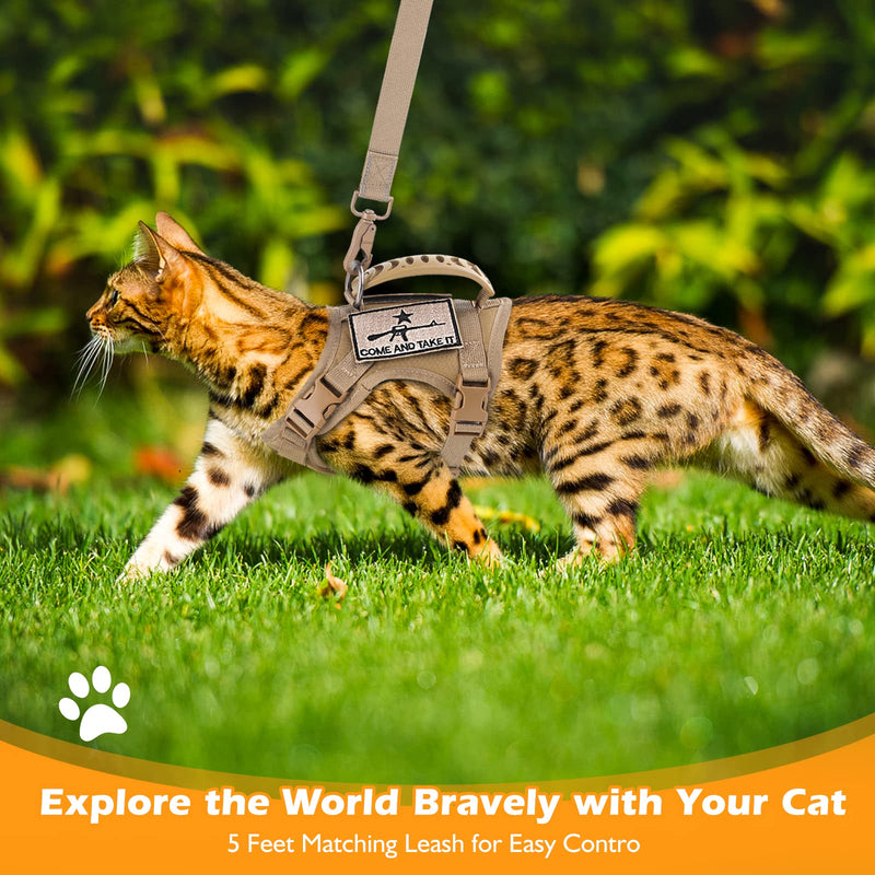 Tactical Cat Harness and Leash Set for Walking Escape Proof, Adjustable Large Cat Vest Harness with Molle Patches, Soft Mesh Padding, Rubber Handle Easy to Control Khaki - PawsPlanet Australia