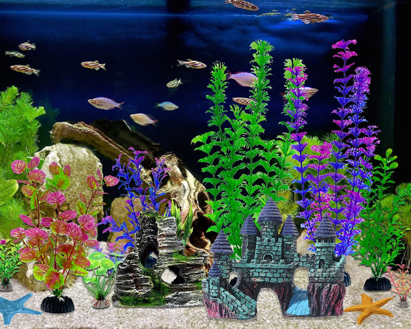 13 Pieces Aquarium Decorations Kit, Fish Tank Decorations Set Small Resin Castle and Rockery Betta Fish Cave Hideout Coral Artificial Plastic Plants Ornament Accessories Blue,green,purple - PawsPlanet Australia