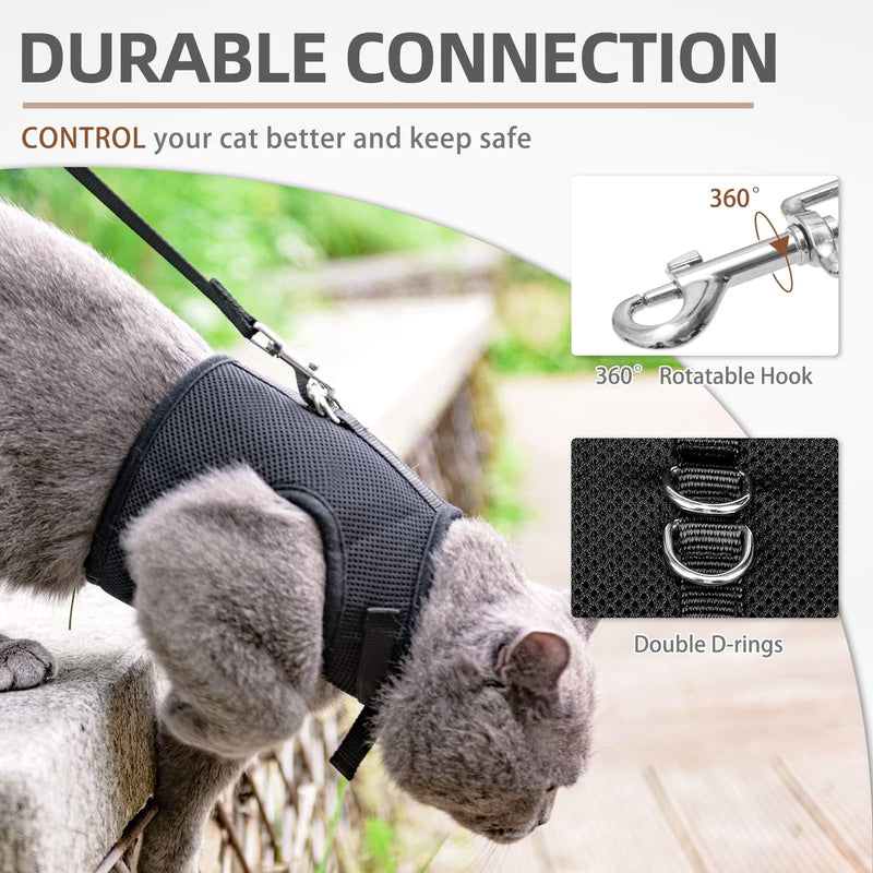 PUPTECK Soft Mesh Cat Vest Harness and Leash Set Puppy Padded Pet Harnesses Escape Proof for Cats Small Dogs Rabbits Bunny, Black Large L(NECK 8.5"-10.5", CHEST 12.5"-15")