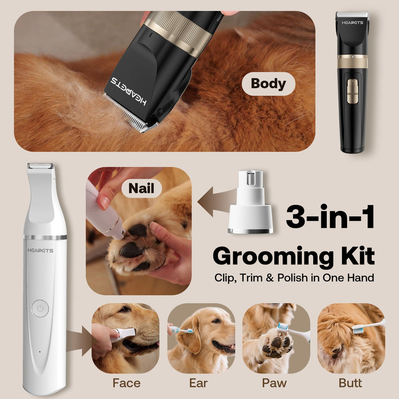 Dog Hair Clippers for Grooming Kit and Dog Paw Trimmer Nail Grinder for Grooming, Low Noise Rechargeable Cordless, Shaver Grooming Supplies for Pet Cats Dogs (Black, White) Black-white