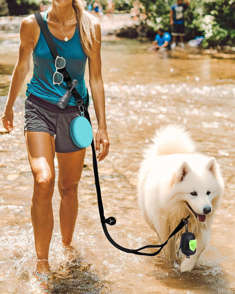 Hands Free Dog Leash,8.2ft Crossbody Dog Leash with Hanging Strap/Hanging Buckle/Poop Bag Holder/Explosion-Proof Handle,Adjustable Crossbody Rope for Dogs Walking,Jogging and Running,18-110lbs,Black Full Black - PawsPlanet Australia