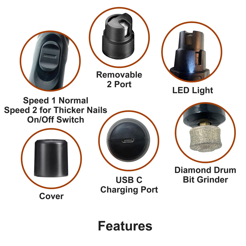 murr Dog nail grinder, electric rechargeable 2 speed dog nail trimmer with LED light, quiet cordless dog nail file, pet claw grinder for grooming, black - PawsPlanet Australia