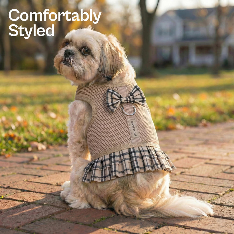 Parisian Pet Plaid Khaki Dog Harness Dress - Breathable No Pull Puppy Dress with Leash Ring - 100% Mesh Fabric Harnesses for Dogs - Soft Padded Step in Pet Vest - Dog Harness for Large Sized Dogs L Plaid/Khaki Dress - PawsPlanet Australia
