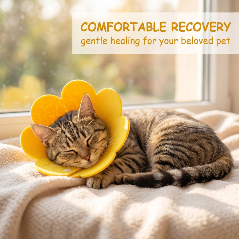 Yellow cat neck collar, 1 piece. Soft lick protection collar for cats 6-9 kg, Elizabethan neck collar with sunflower design. Post-surgery use.