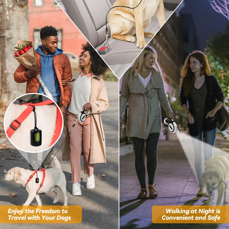 Retractable Dog Leash 16ft, 360° Tangle-Free, with Chew Proof Cable, LED Light, Dispenser, 2 Poop Bags. One Button Brake & Lock, Anti-Slip Handle, for Dogs Up to 75lbs. (White, 16ft) White - PawsPlanet Australia
