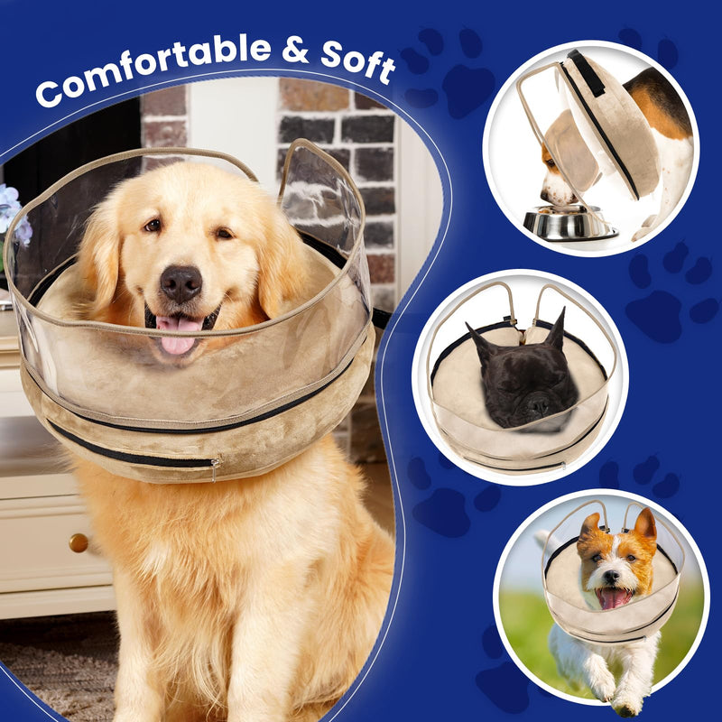 BARKLESS Dog Donut Collar, Inflatable Cone for Dogs to Stop Licking After Surgery, Protective Surgery Collar with Anti-Licking Shield, Soft Pillow Cone for Large Pets Tan L