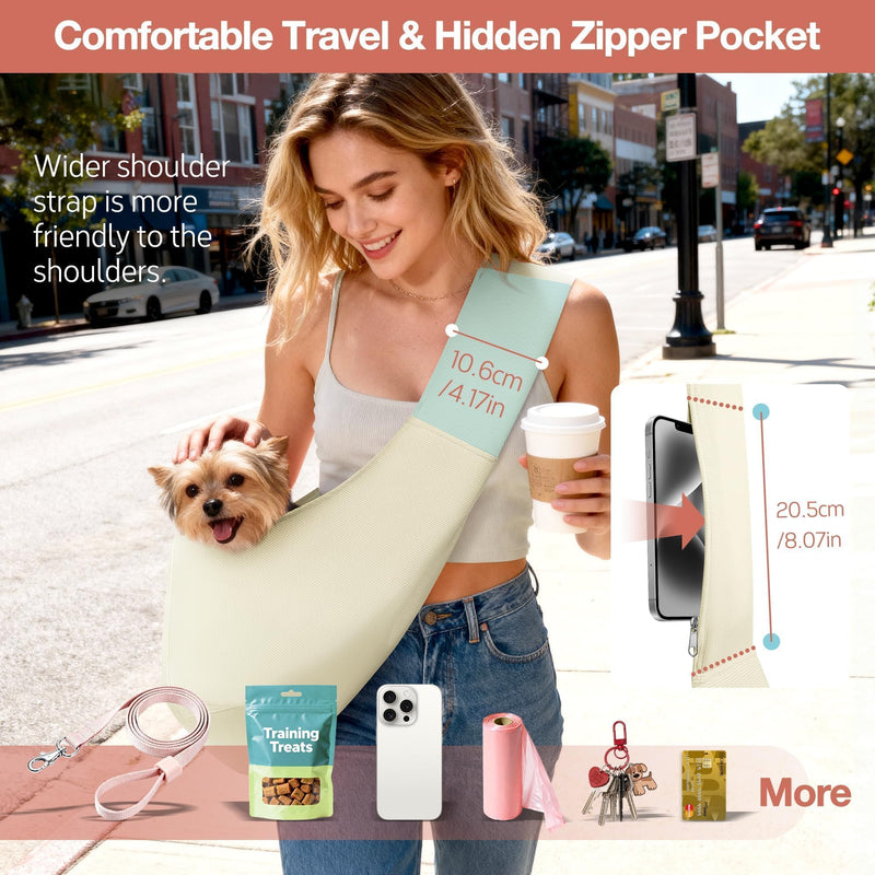 YUDODO Fashion Dog Sling Carrier for Small Dogs Lightweight Crossbody Pet Bag with Safety Strap, Pocket Storage, Machine Washable, Comfortable Travel & Outdoor Sling up to 9 lbs White Cream (up to 9lbs) Zipper pocket - PawsPlanet Australia