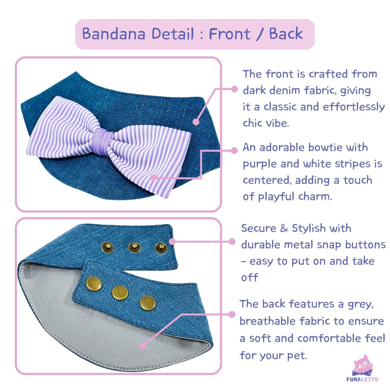 Denim Dog Bandana – Striped Bowtie, Soft & Durable Pet Scarf with Adjustable Metal Snap Buttons for Dogs & Cats (Purple, Small) Purple - PawsPlanet Australia