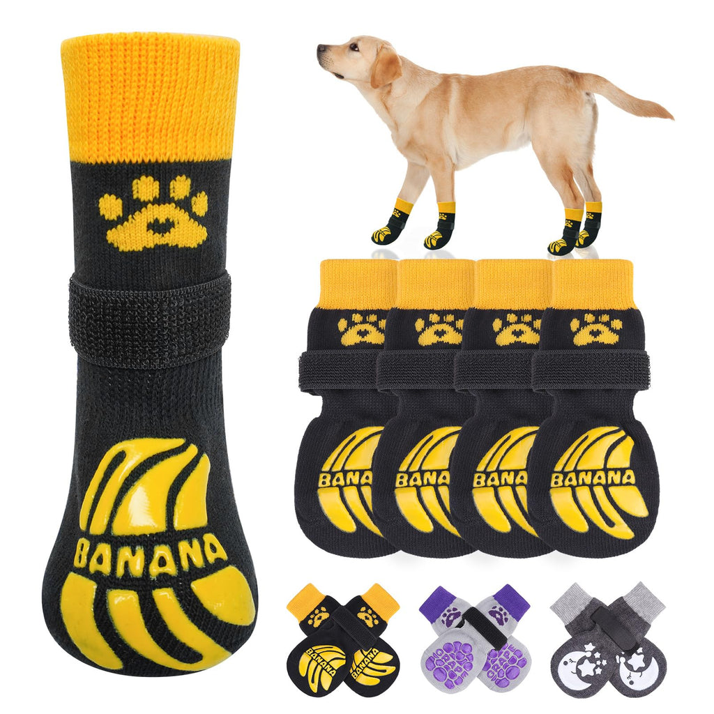 BEAUTYZOO Non-Slip Dog Socks to Prevent Licking Paws, Dog Shoes for Hot Pavement, Paw Protector Traction on Wood/Hardwood Floors- Grip That Works Even When Twisted-Senior Small Medium Large Dog Boots S(Pack of 4) Bananas Yellow