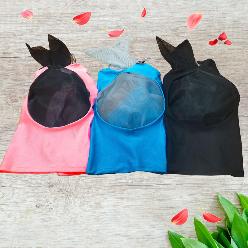 Ride Horse Fly Mask with Ear Protection, Protective Face Cover, Super Stretchy Comfort for Horse-Adult, 3PCS-1Black1Blue1Rose Sakura