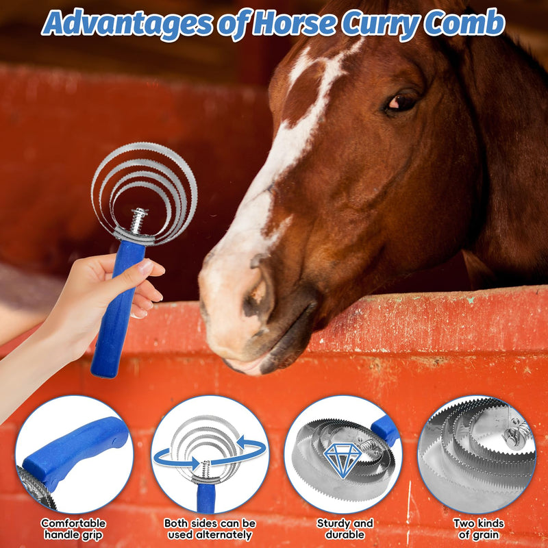 kathson 2PCS 4 Rings Curry Comb Horse Brush Scraper Reversible Stainless Steel Livestock Shedding Comb with Soft Touch Grip 2PCS, Blue