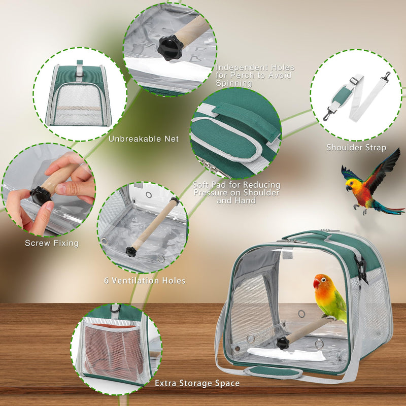 Suertree Small Bird Carrier, Large Window Travel Cage with Stand and Easy Clean Tray for Parrot Parakeet Cockatiels, Lightweight and Portable, Green