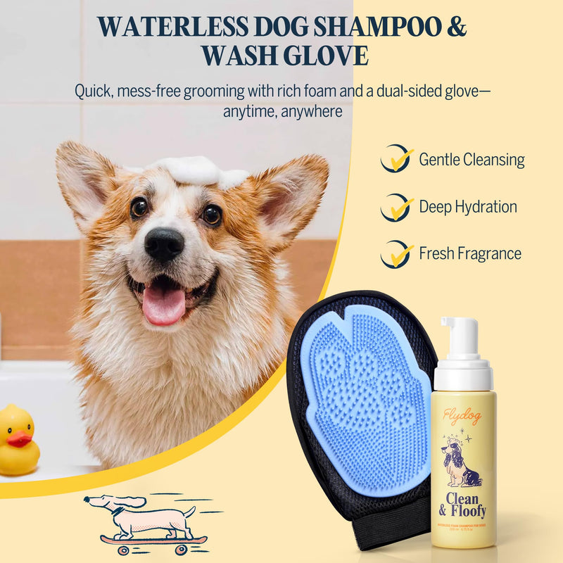 FlyDog Dog Grooming & Dental Care Kit, Dog Toothpaste & Toothbrush Set + Waterless Dry Shampoo Foam with Grooming Glove, Odor Control, Plaque & Tartar Removal, Fresh Breath, Mild Mint