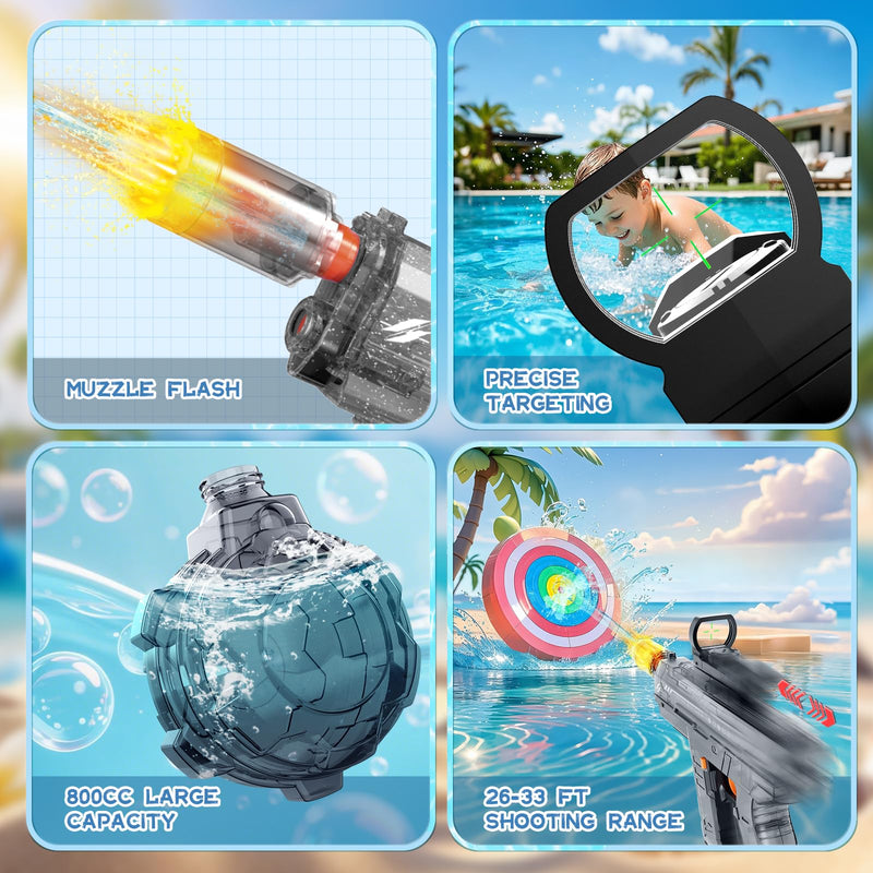 Electric Water Gun for Adults Kids Ages 4-8 8-12 with Muzzle Flash, Automatic Squirt Gun Water Pistol, up to 32 FT, Large Capacity 800CC, Summer Outdoor Beach Pool Party Toy Gift, Gray
