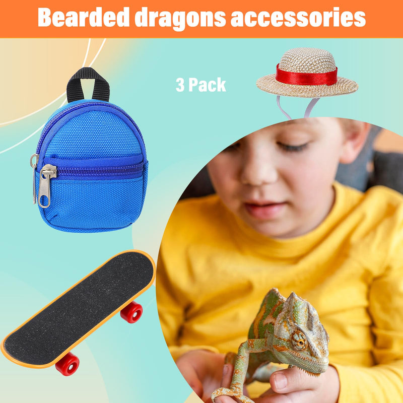 3 Pack Bearded Dragon Accessories Set, Mini Backpack Adjustable Hat and Skateboard Bearded Dragon Toy for Lizard Hamster Parrot Turtle Reptile Small Pets - PawsPlanet Australia