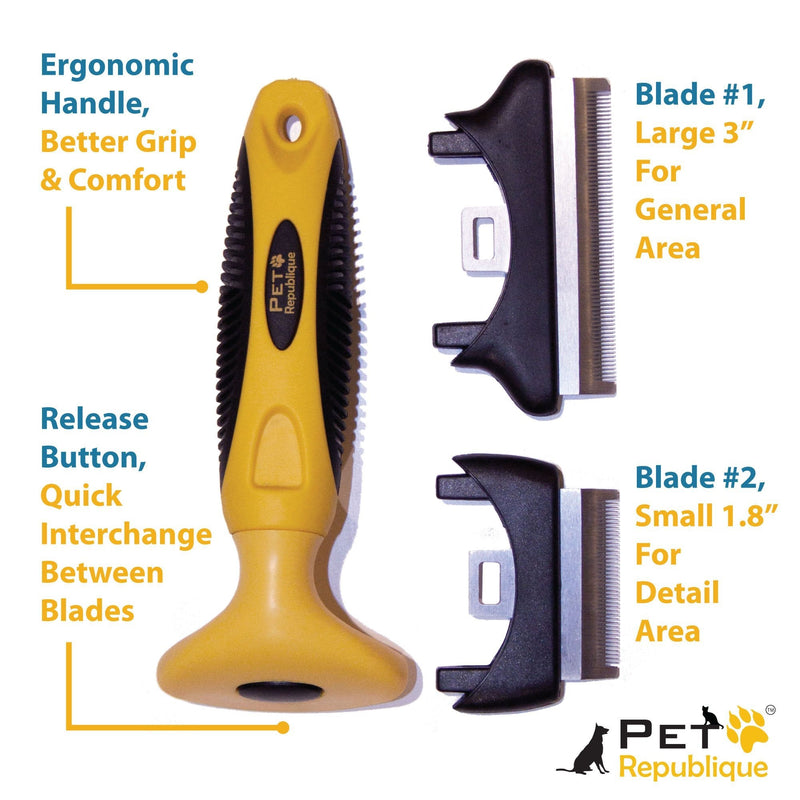Pet Republique Dog Deshedding Tool - for Dogs, Cats, Rabbits, Any Furry Pets – Reduce Shedding – with 1.8 inches Small and 3 inches Large Replaceable Blades 1.8" & 3.0" (S & L) Blades - PawsPlanet Australia