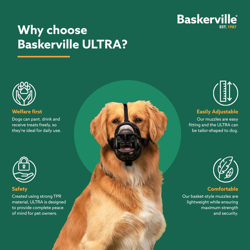 BASKERVILLE ULTRA MUZZLE - Patented Humane Design, Breathable, Dog can Pant and Drink, Adjustable, Padded, Dog Training Muzzle for Large Dogs, Prevents Biting, Wildlife Scavenging (Size 5, Black) - PawsPlanet Australia
