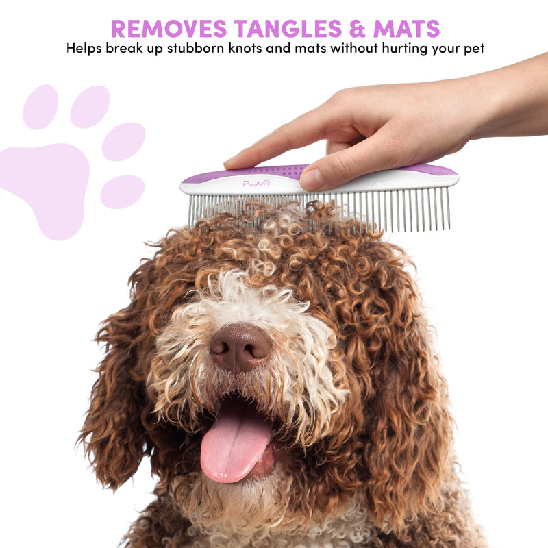 Poodle Pet Dog Combs for Grooming | 2 Pack | Stainless Steel Teeth Easily Remove Dirt | Proper Care Prevents Knots and Mats for Long and Short Haired Pets | Anti-Slip Comfort Grip Handle (Purple) Purple