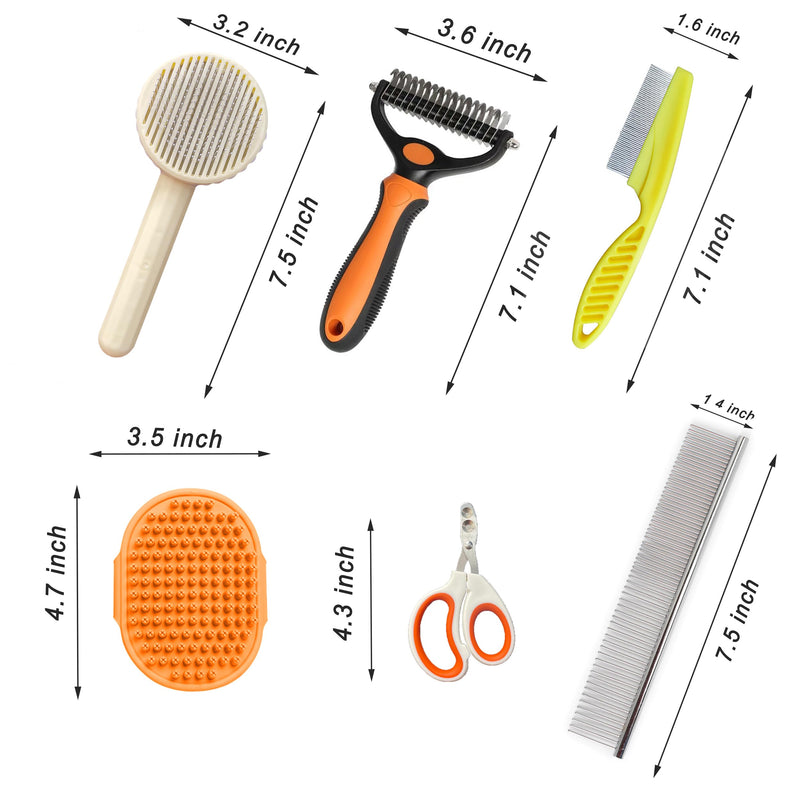 Cat Grooming Brush Kit 6 Tools - Deshedding & Dematting for Long/Short Hair, Self-Cleaning Slicker Brush with 6-in-1 Flea Comb for Cats & Kittens (Orange) Orange - PawsPlanet Australia