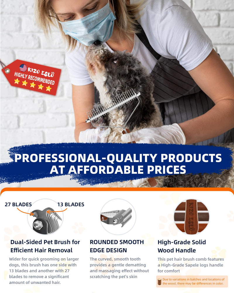 Extra Large 2-Sided Undercoat Rake for Dogs & Cats, Dog Brush for Shedding Remove Mats, Dematting Comb, Safe&Gentle Grooming Brush for German Shepherds Medium to Long-Haired Pets,Premium Wooden Handle XL - Super Fast Hair Removal - Sapele - PawsPlanet Australia