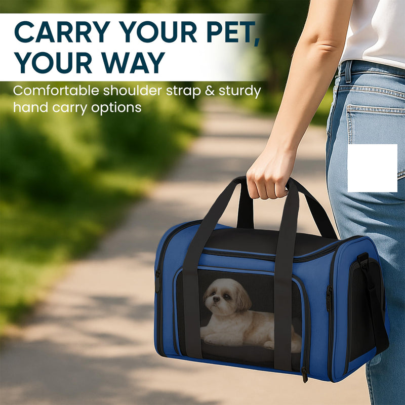Pet Travel Carrier Bag – Airline Approved Soft-Sided Dog & Cat Carrier, Foldable, Breathable Mesh, Washable Pad – Fits Pets up to 15 lbs – The Pup Quartet (Blue) Blue