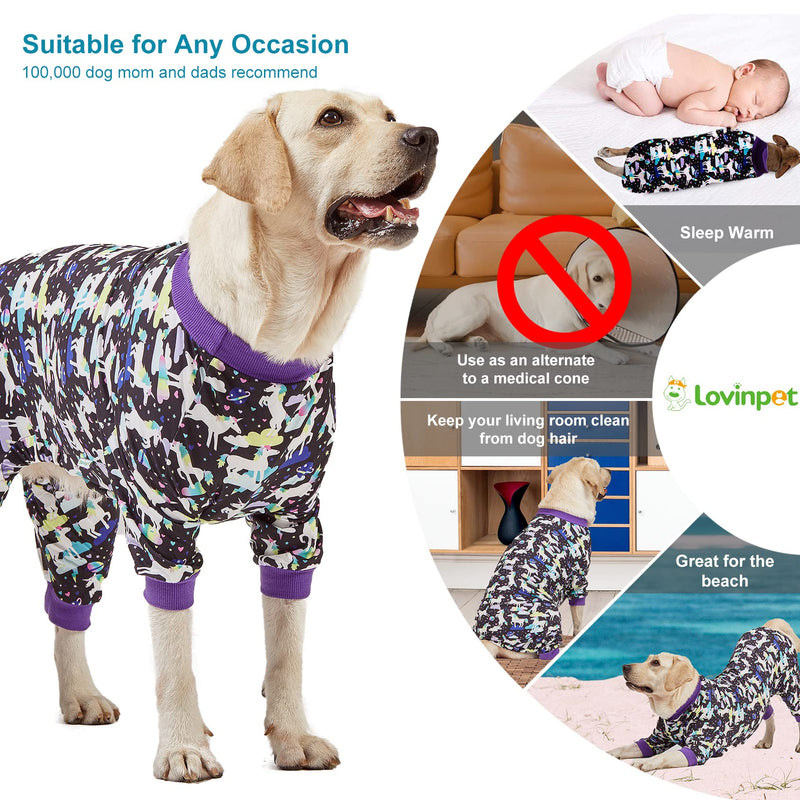 LovinPet Large Breed Dog Clothes, Wound Care/Post Surgery Recovery Shirt for Large Dogs, Unicorns in Space Black Print, UV Protection, Pet Anxiety Relief, Stop Shedding for Dogs, Pet PJ's, 2XL XX-Large - PawsPlanet Australia