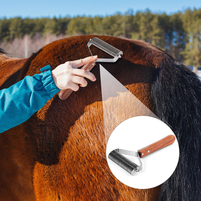 Abbylike Large Horse Brush Deshedding Tool Horse Goats Cow Brush for Shedding Cattle Livestock Comb for Grooming Dematting Supplies with 27 Stainless Steel Blades and Wood Handle - PawsPlanet Australia