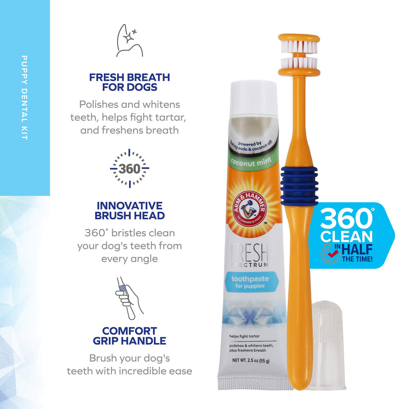 ARM & HAMMER Fresh Spectrum Coconut Dental Kit for Puppies, Includes Puppy Toothpaste, Toothbrush & Finger Brush, Removes Plaque, 360° Brush Deep Cleans all Tooth Surface, Easy to Use Dog Oral Care