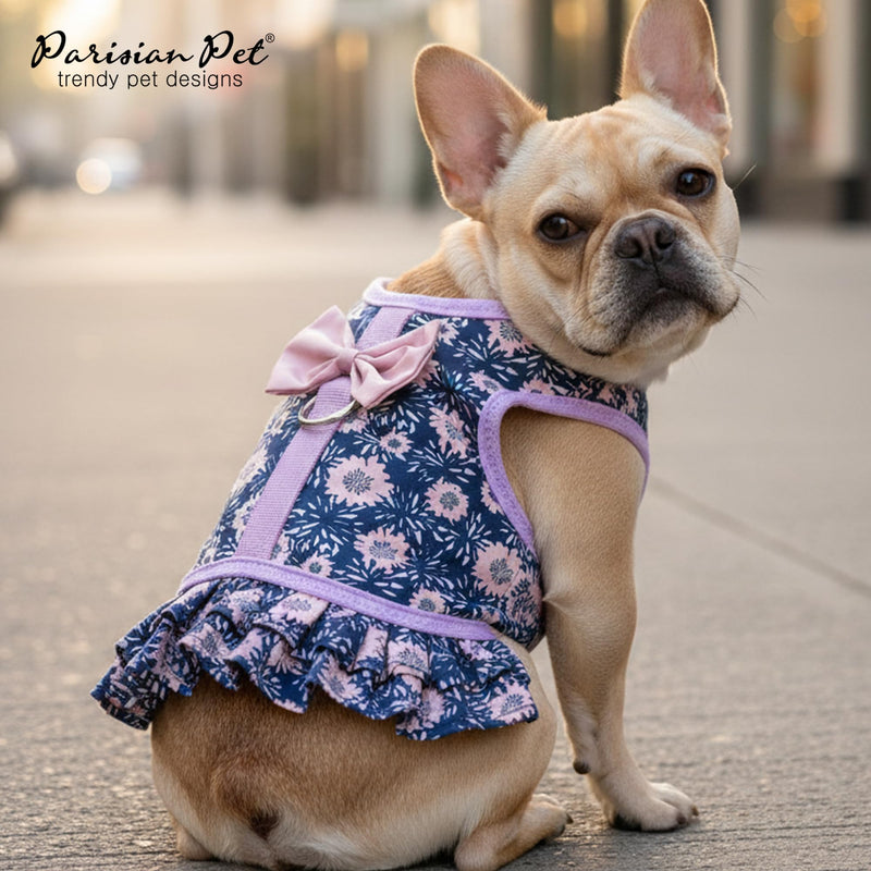 Parisian Pet Floral Dog Harness Dress - Breathable No Pull Puppy Dress with Leash Ring - 100% Mesh Fabric Harnesses for Dogs - Soft Padded Step in Pet Vest - All Weather Dog Harness Small Sized Dogs S Midnight Blossoms