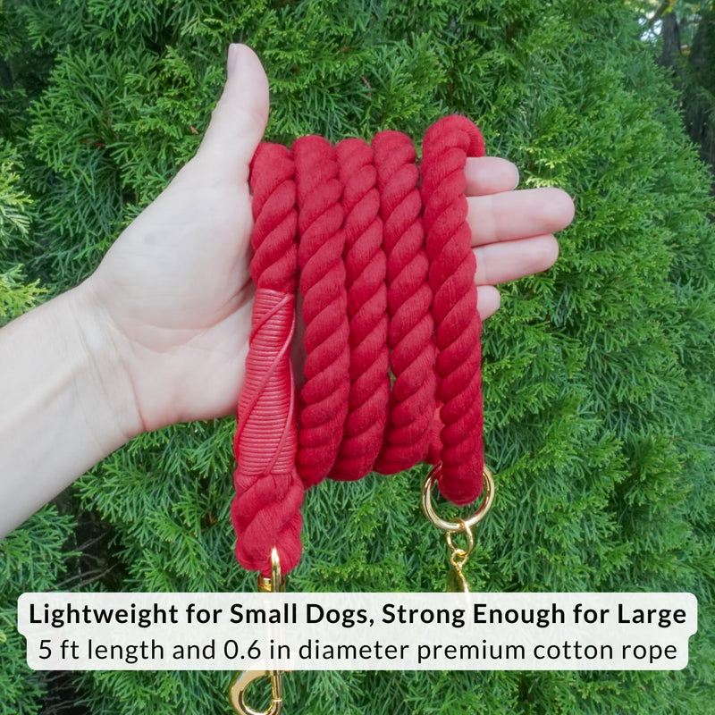 DJANGO Cotton Rope Dog Leash 5ft – Handcrafted Dog Leash and Red Braided Leash for Small, Medium, and Large Dogs – Durable 5 Foot Training Lead with Gold Hardware – Crimson Red - PawsPlanet Australia