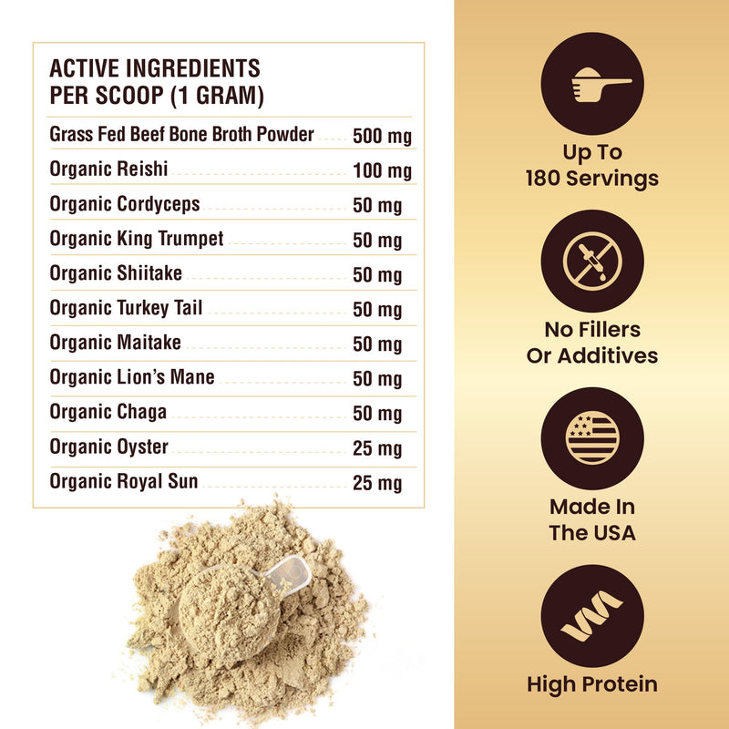 Beef Bone Broth for Dogs - High Protein Powder with Ten Organic Mushrooms & Collagen - Immune, Joint, Digestion & Cognitive Support - Tasty Dog Food Topper - Natural Hydration Booster 3.17oz