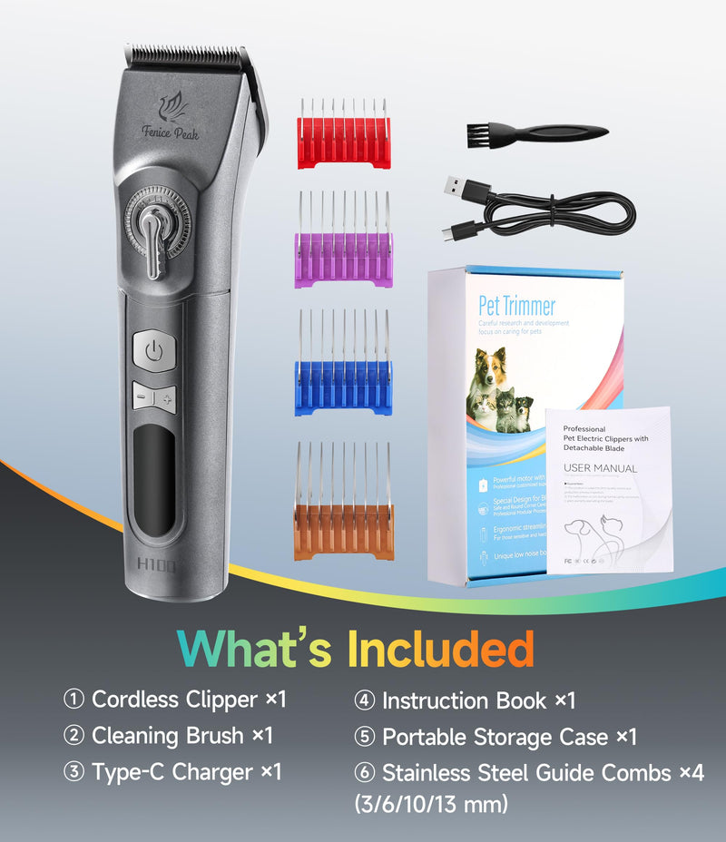 Professional Cordless Dog Grooming Clippers, 12-Hour Runtime, Replaceable 440C Stainless Steel Blade, 3-Speed Quiet Electric Pet Hair Trimmer for Thick, Curly & Matted Coats, Groomer & Home Use, Grey Clipper+10FC Blade