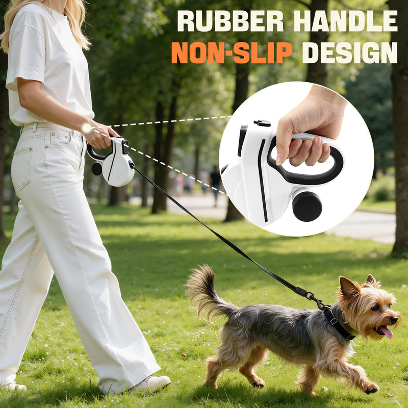Retractable Dog Leash with LED Light & Reflective Tape for Night Walk, 16ft Dog Leash with Poop Bag Dispenser, Chew-Proof Steel Cable, One-Button Brake & Lock for Medium Dogs up to 66 lbs (BLK&WHT) Coal