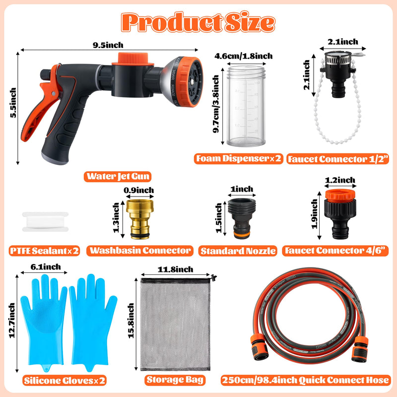 MALLMALL6 Dog Washing Hose attachment with Pet Grooming Glove & 2 Soap Dispenser, 10-in-1 Spray Modes Foam Nozzle Sprayer with 8.2Ft Pup Washer Hose for Showering Pets Car Wash Watering Flowers