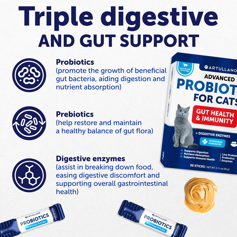 Probiotics for Cats - Supports Digestion, Immune Health & Gut Health - Nutrient Absorption - Digestive Enzymes - 30 Sticks