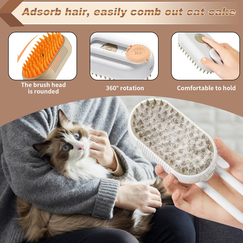 Steam Brush for Cats & Pets - 3 In 1 Steamer for Grooming, Deshedding, and Taming Animal Fur (Brown) Brown - PawsPlanet Australia