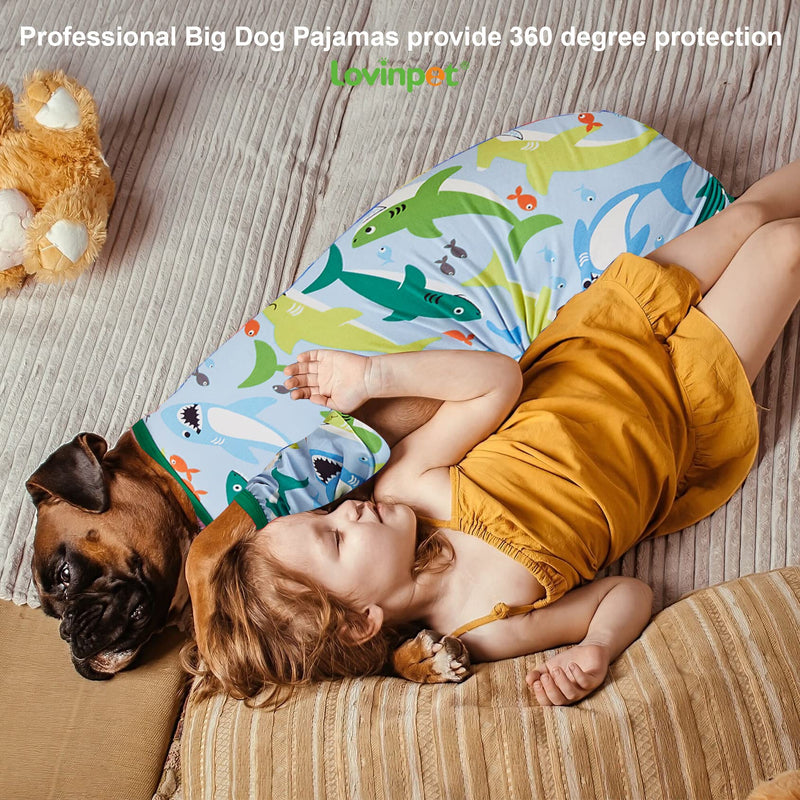 LovinPet Surgical Recovery Shirt for Large Dogs, Undershirt for Dog Coats, Lightweight Stretchy Knit Dog Onesie, Big Bites Turquoise Print Dog Jammies, UV Protection, Stop Shedding for Dogs, Medium Green/Blue Update