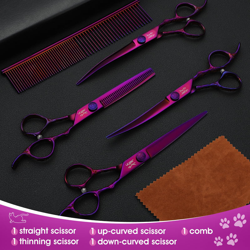 JASON Dog Grooming Scissors Set - Professional 6 in 1 Dog Shears Kit - 6.5" Thinning, 7" Straight, 7" Up-Curved, 7" Down-curved Scissors and Comb for Dog Cat Pet with Adjustable Screw (Purple) Purple - PawsPlanet Australia