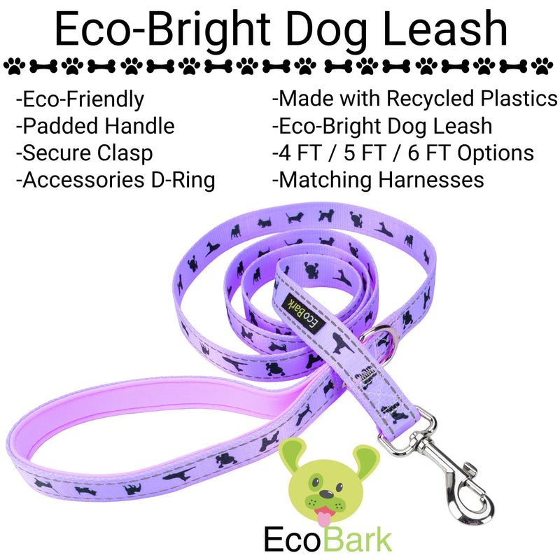 EcoBark Dog Leash - 4 FT / 5 FT / 6 FT Reflective Dog Leash- Eco-Bright Dog Leashes with Padded Handle - Strong Heavy Duty Dog Leash - Nylon Dog Leash for Small and Medium Dogs (Lavender Dog Leash) 5ft x 3/4 inch Lavender