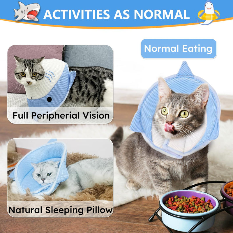 Cat Cone Collar Soft, Adjustable Cat Recovery Collar After Surgery to Prevent Licking Wound, Breathable Cat Neck Cone Comfortable Pet Elizabethan Collar for Cats Kittens Cute Shark Design Small Blue Shark - PawsPlanet Australia