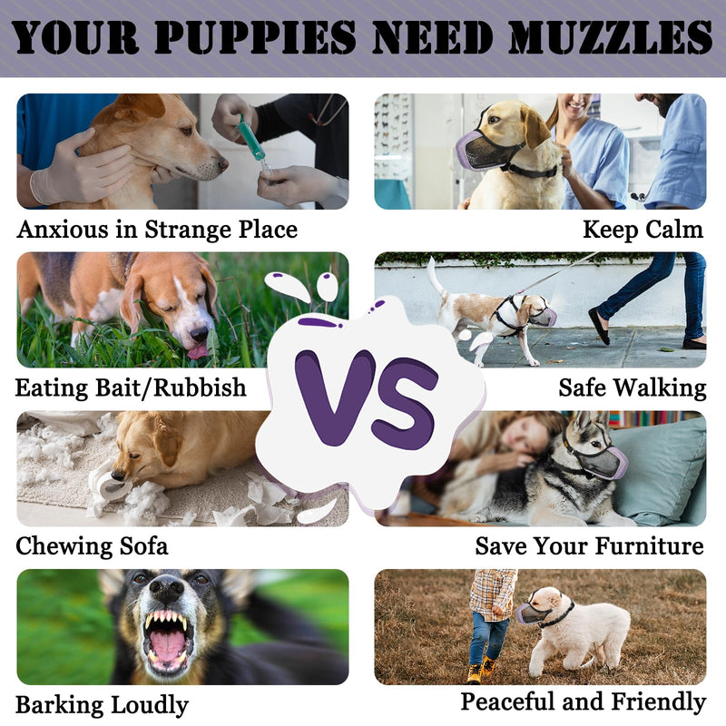 Mayerzon Dog Muzzle, Patented Mesh Soft Muzzle for Large Medium Small Dogs for Scavenging Grooming Biting Chewing, Breathable Reflective Doberman Husky Muzzle with Collar for Labrador Retriever Poodle Black/Purple M-(Snout:9¾"-10¾") - PawsPlanet Australia